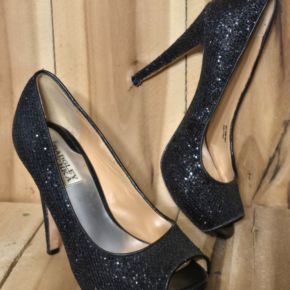 BADGLEY MISCHKA Womens 7 M Black Glitter Peep Toe Pump Heels Bridal Wedding Club